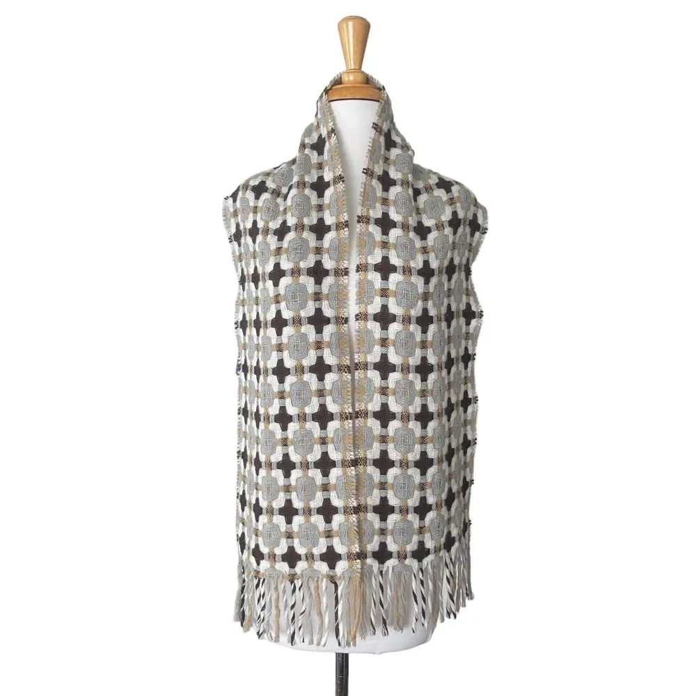 Women's Scarf Shawl Wrap 30% Wool Made in Italy Woven Brown Grey Fringe 68 x 10
